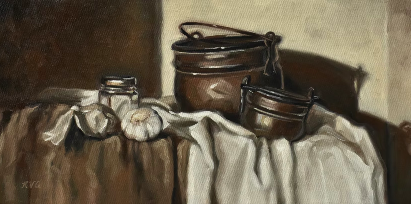 Sunlight with Copper Pots - Original Oil Painting