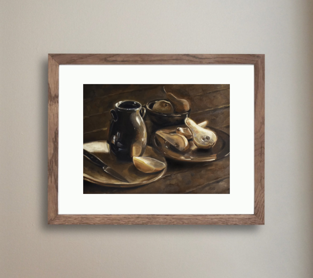 Still Life with Pears, Pottery, and Gouda - Print