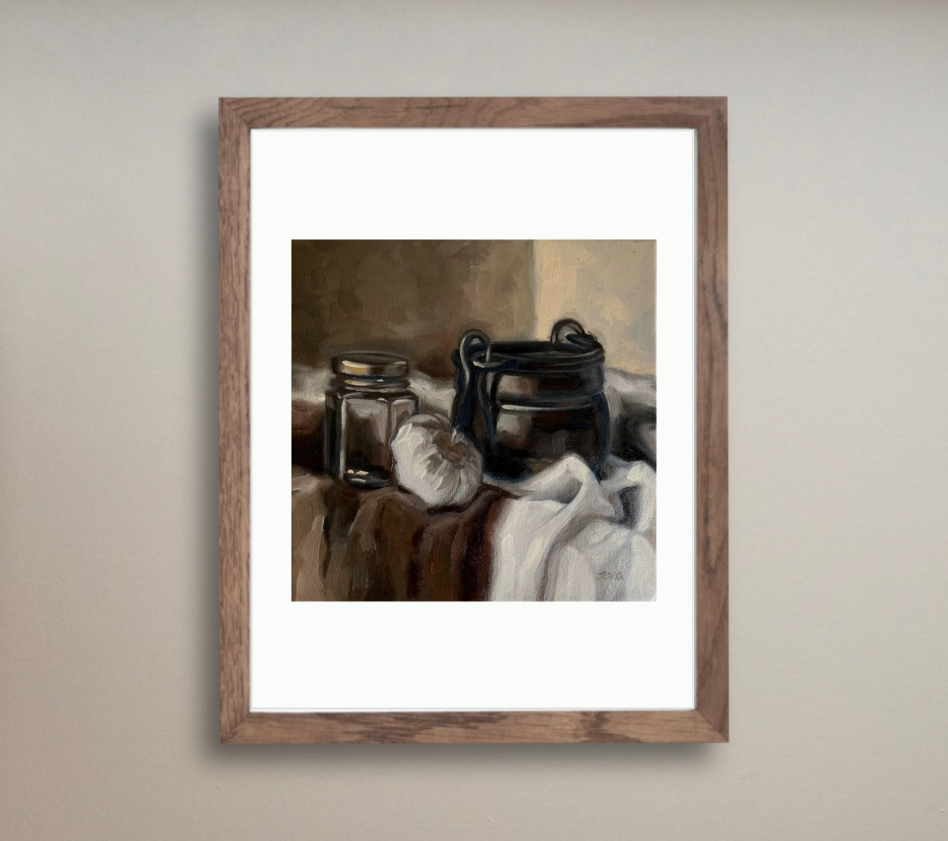 Still life with Copper Pot, Garlic, and a Jar - Print